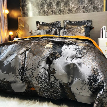 Luxury Black Gold Silver Jacquard Satin European Linen Duvet Cover Set, Egyptian Cotton 1200TC Bedding Set